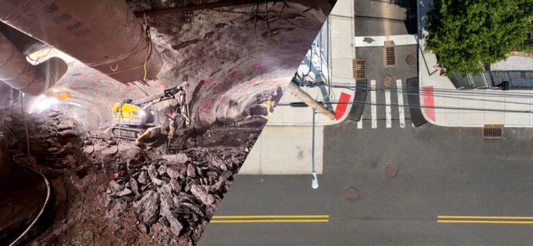 Split image of Grand Central Terminal Pedestrian Tunnel and Roma/Hett Avenues Flood Resilience projects for ACEC New York.