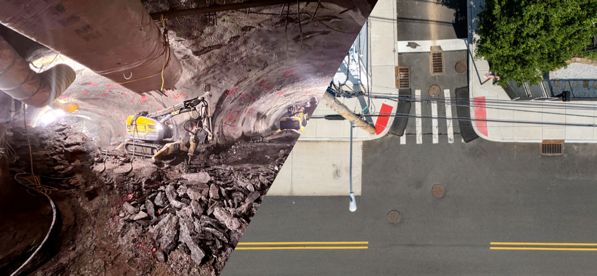 Split image of Grand Central Terminal Pedestrian Tunnel and Roma/Hett Avenues Flood Resilience projects for ACEC New York.