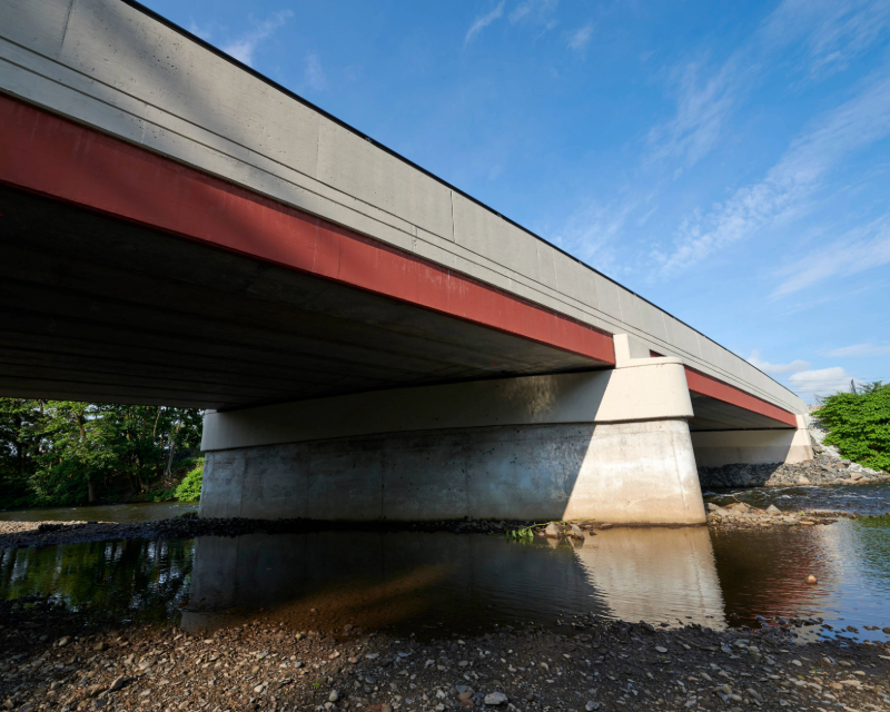 Close-up of underside of bridge deck crossing waterway of Parker Street Bridge in Scranton, PA.