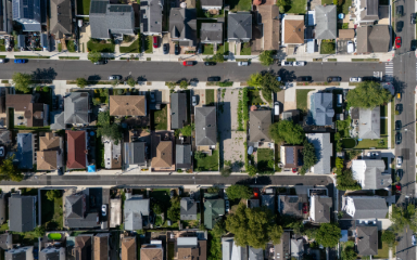 Overhead drone view of houses