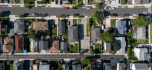 Overhead drone view of houses