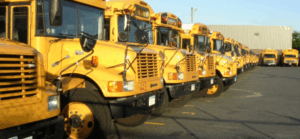 Row of parked school buses