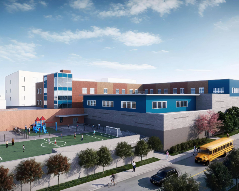 Rendering the rear exterior of the new planned Joseph Battin School No. 4 in Elizabeth, NJ.