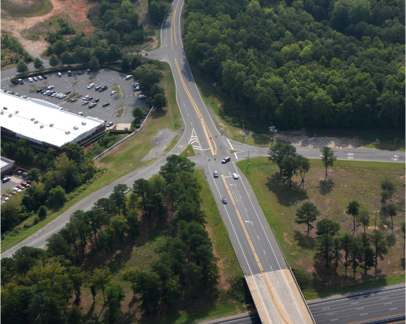Aerial view of Fort Mill Southern Bypass showing roadway bridge in bottom of frame.