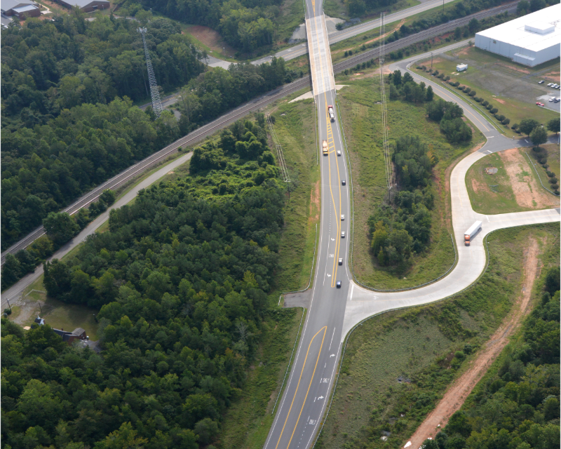 Aerial view of Fort Mill Southern Bypass showing access road for trucks.