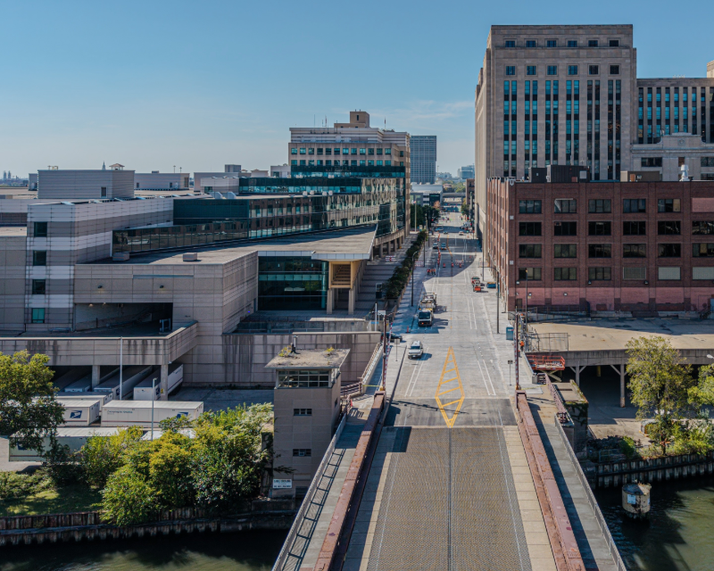 Aerial view of the Harrison Street Viaduct looking North from the Chicago River.