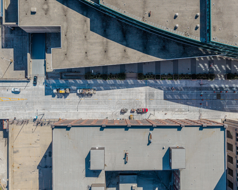 Overhead view of Harrison Viaduct roadway in Chicago.