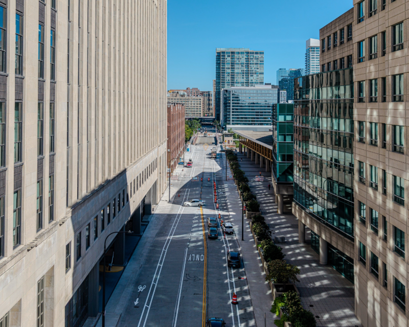 Aerial view of Harrison Street Viaduct roadway in Chicago.