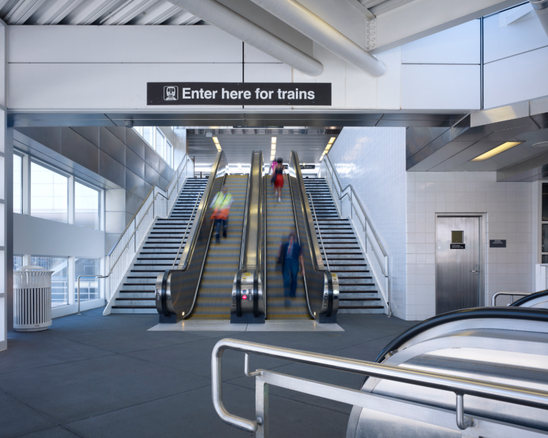 Escalators and stairwells at Howard Station in Chicago.