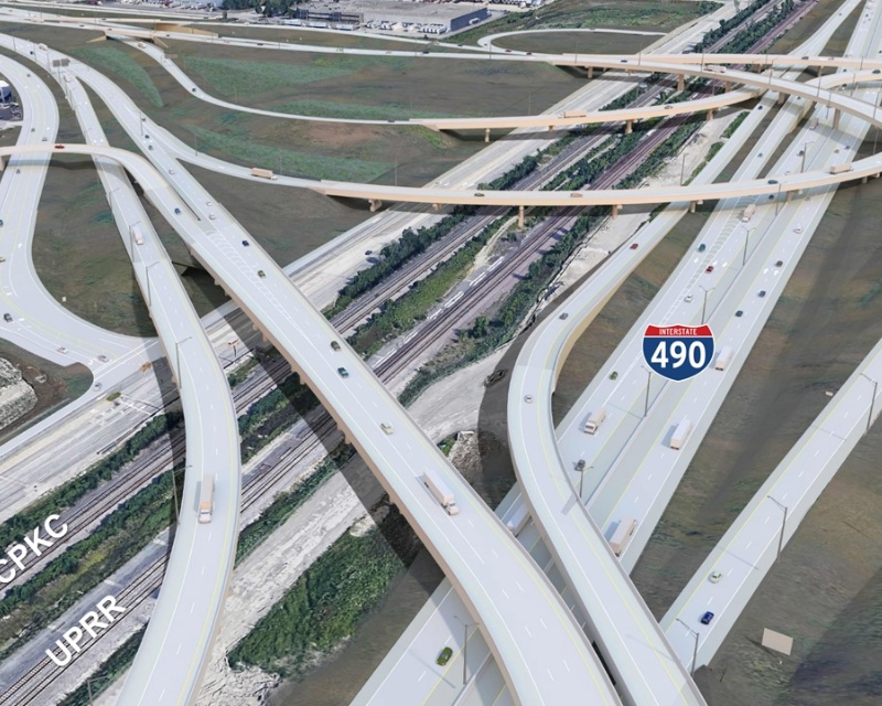 Rendering showing I-490/IL 390 interchange with access to O'Hare Airport in Illinois.