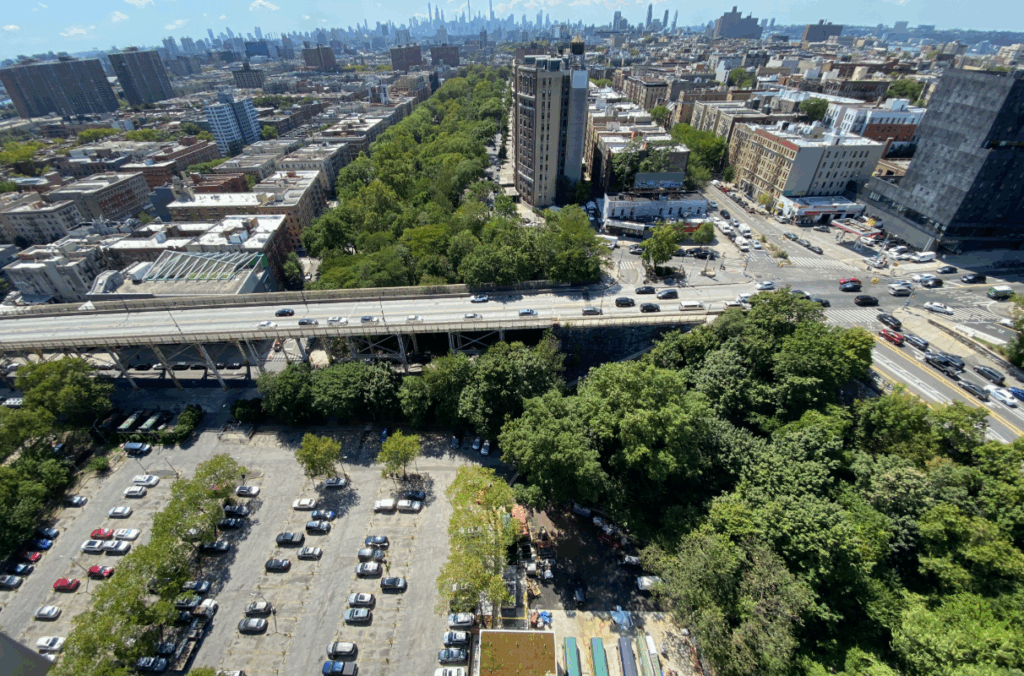 Aerial view of trash system and surrounding neighborhood of NYCHA Polo Towers housing complex in New York City.
