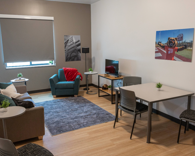View of dorm room living area at Sierra College student housing facility in Rocklin , CA.