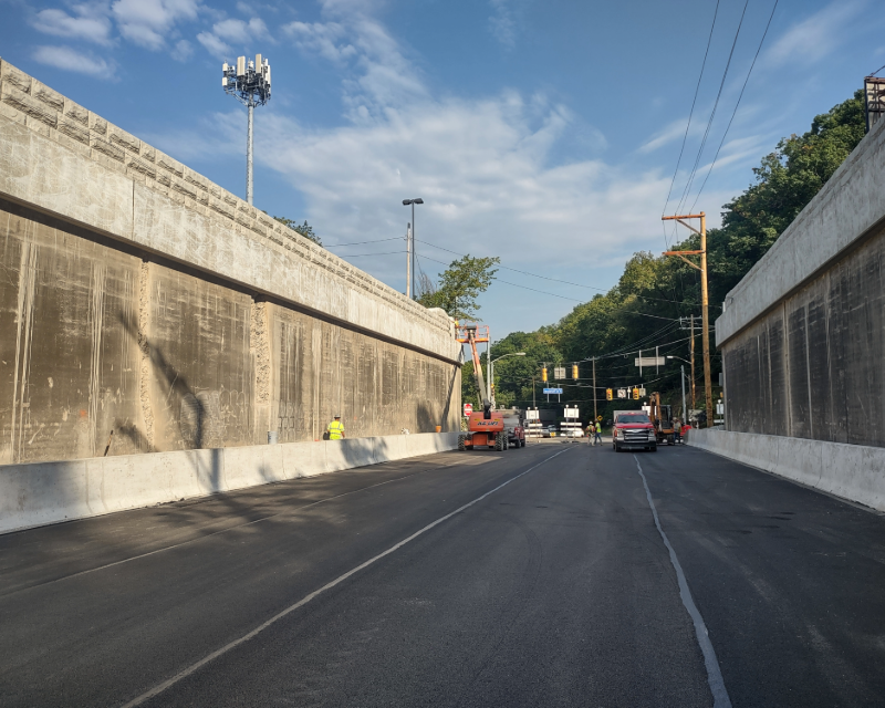 Construction crews finish bridge demolition and removal on State Route 51 in Pittsburgh.