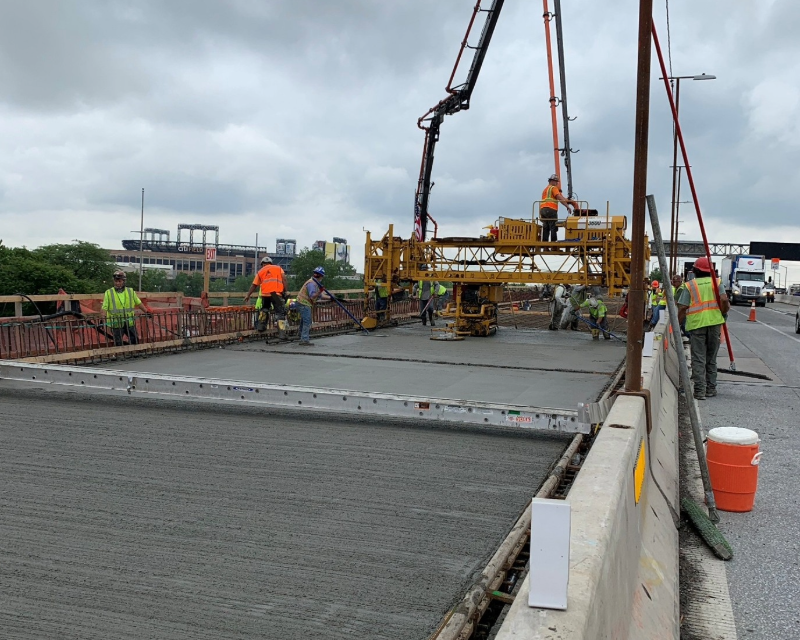 Concrete pour for deck placement along Van Wyck Expressway Viaduct.