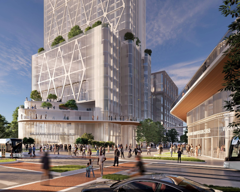 Rendering showing pedestrians walking around Walter Rand Transportation Center and surrounding transit oriented development in Camden, NJ.