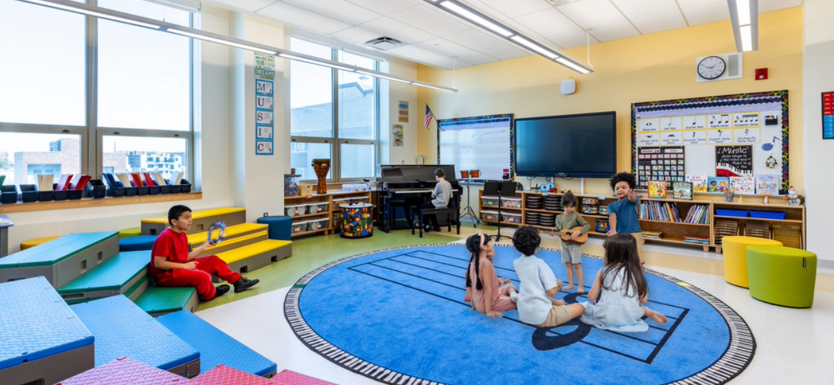 Young students in colorful classroom during circle time