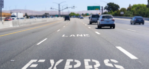 Ground view of an express lane along a toll road in California.