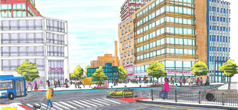 Illustrative rendering depicting proposed future developments around Metro-North’s new train stations in the East Bronx.