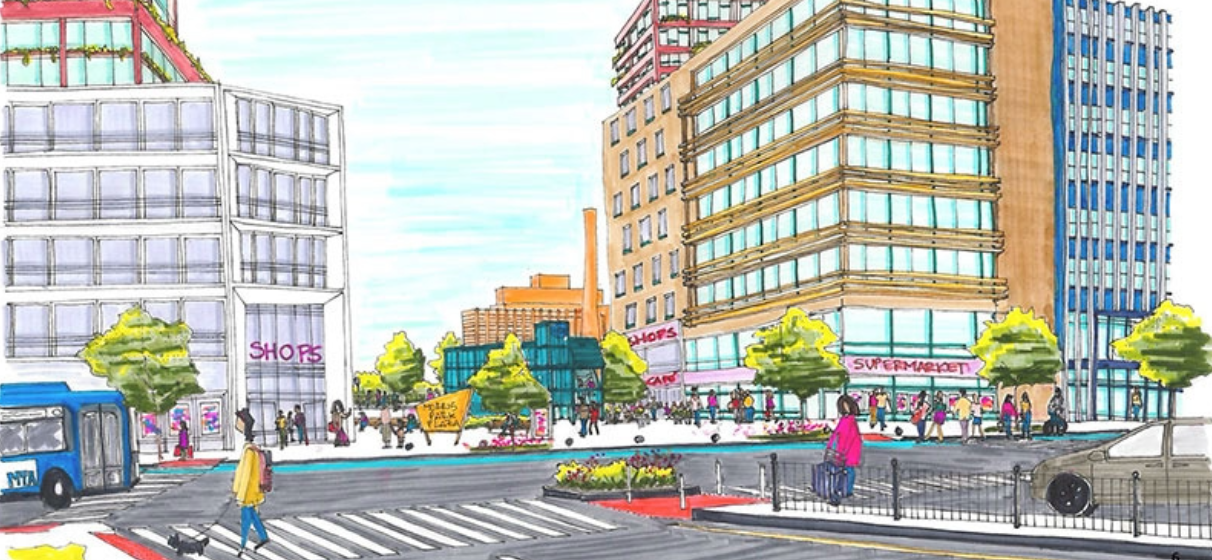 Illustrative rendering depicting proposed future developments around Metro-North’s new train stations in the East Bronx.