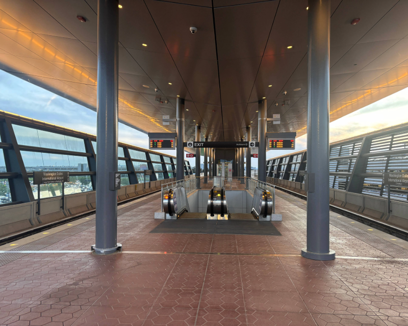 Platform and escalators at Washington Dulles International Airport WMATA station.