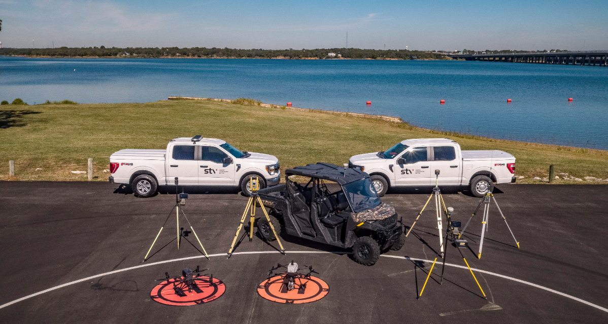 aerial image of STV tucks and surveying equipment
