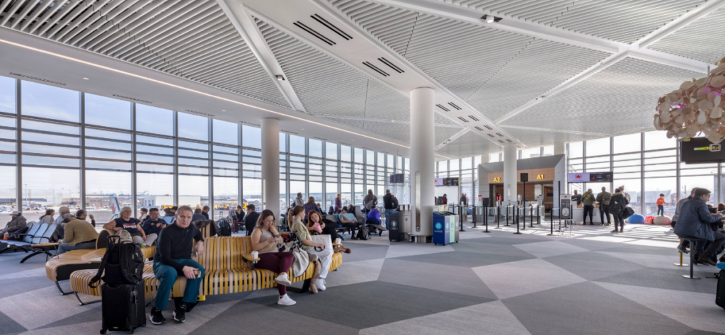 interior of Newark Airport Terminal One featuring seating around gate A1
