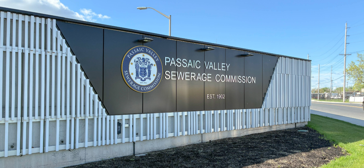 View of flood wall for Passaic Valley Sewerage Commission's wastewater treatment facility in New Jersey.