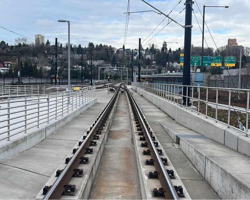Sound Transit Crosslake Connection track alignment during systems testing phase.