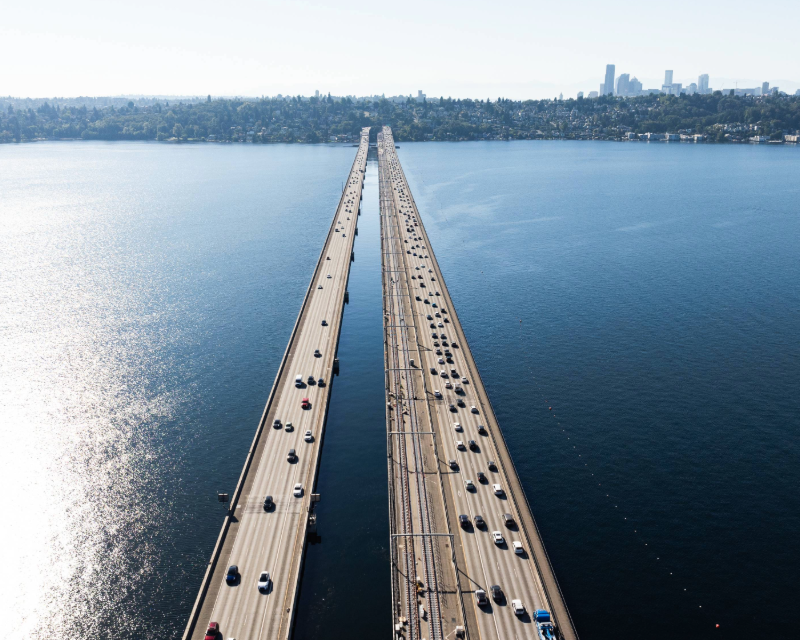Aerial view of the world's first floating bridge for transit along the Sound Transit Crosslake Connection in Seattle.