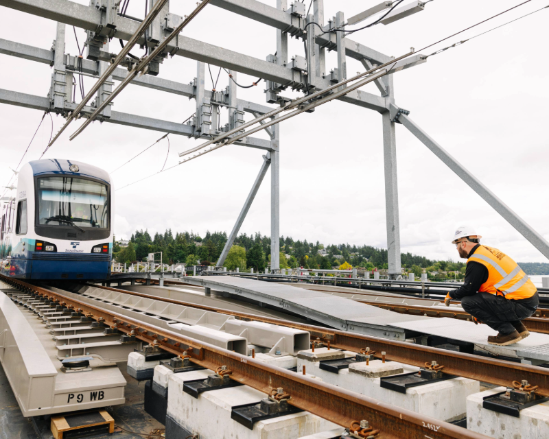Segment of Sound Transit Crosslake Connection extension under construction and testing.