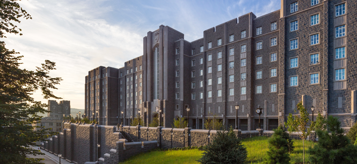 Front view of Davis Barracks at U.S. Military Academy at West Point, New York.