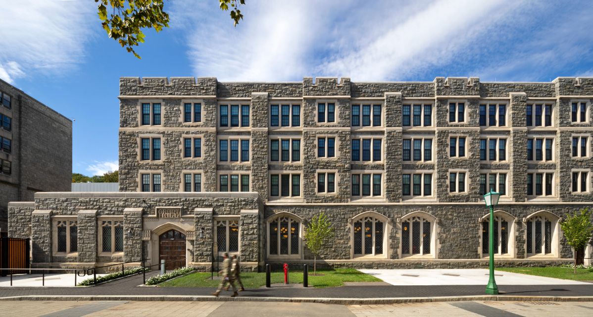 Exterior view of the Grant Hall Barracks at U.S. Military Academy at West Point.