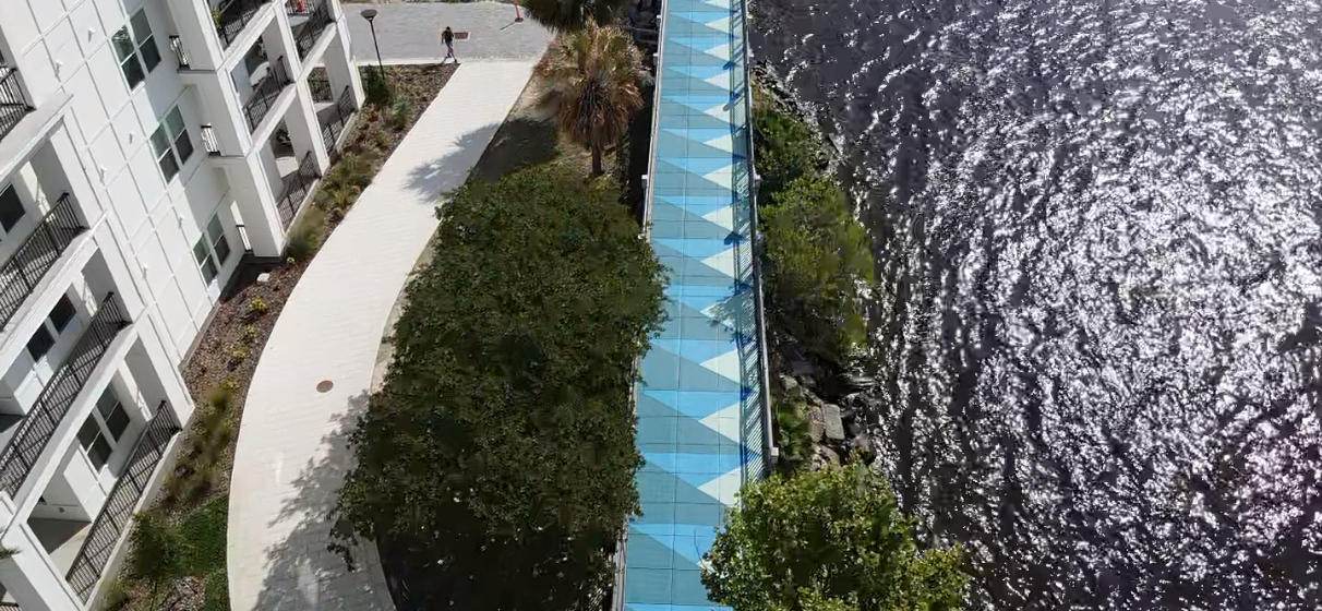 aerial of the McCoys Pedestrian Bridge in Jacksonville, FL