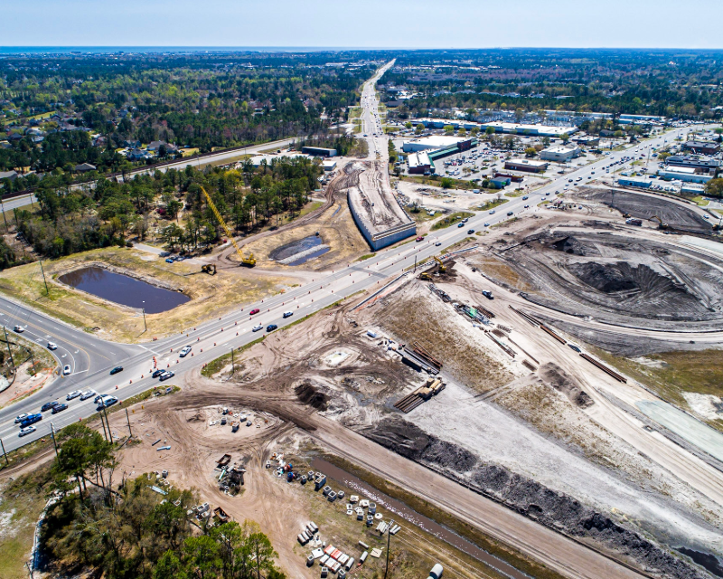 Aerial view of Military Cutoff Road Extension under construction in WIlmington, NC.