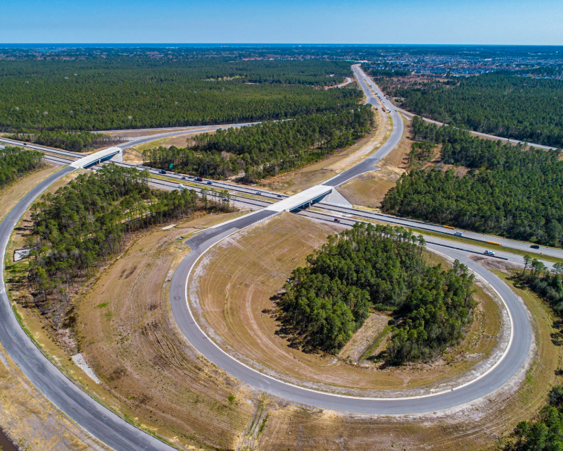 Aerial view of roundabout at Military Cutoff Road Extension in Wilmington, NC.