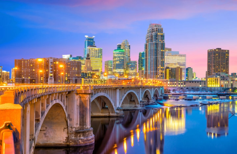 Skyline of Minneapolis, MN at night