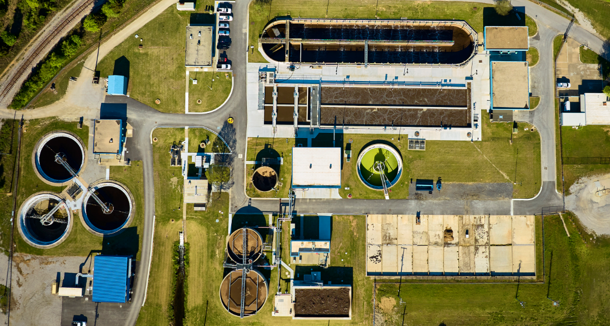 Overhead aerial view of City of Owasso Wasterwater Treatment Plant in Okalhoma.