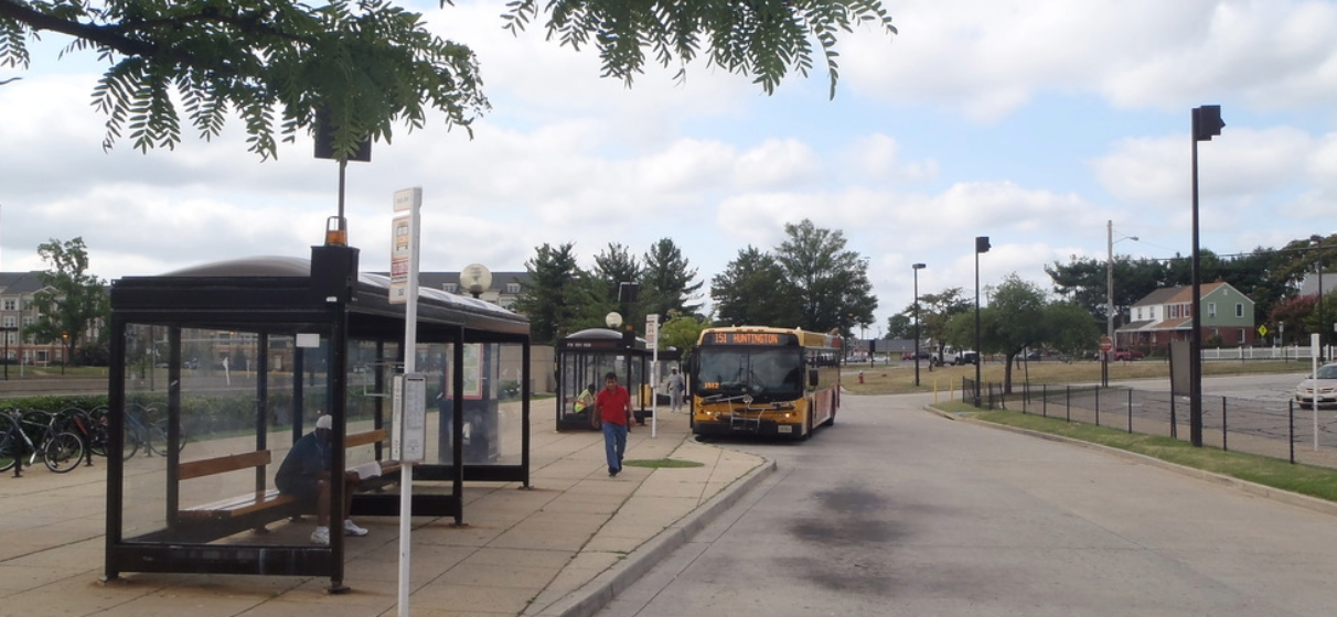 Bus pulling up to covered bus stop station with tree