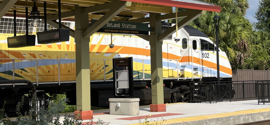 SunRail Phase 2 North Expansion in Florida, with a train at the DeLand Station