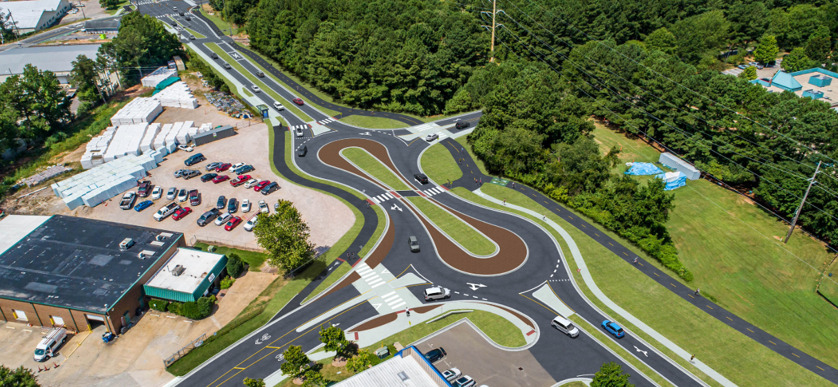 rendering of the proposed design for the new Lake Wheeler Road in Raleigh, NC - including its first-ever peanut-shaped roundabout