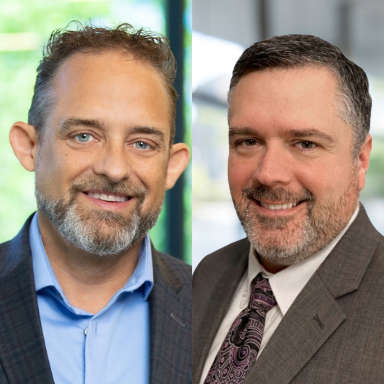 side by side headshots of two men in suits with environmental backgrounds
