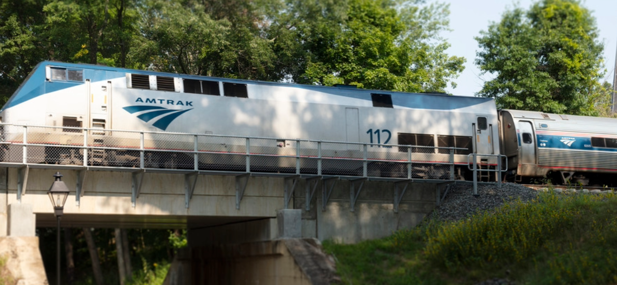 side view of amtrak train with trees