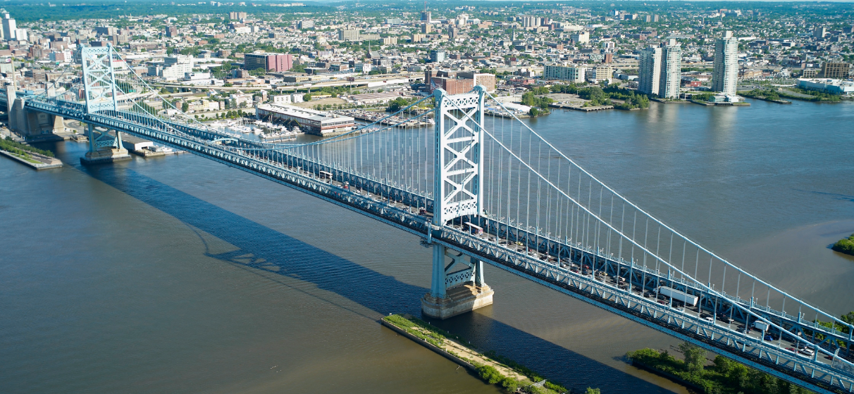 Aerial of the Benjamin Franklin Bridge between New Jersey and Pennsylvania.