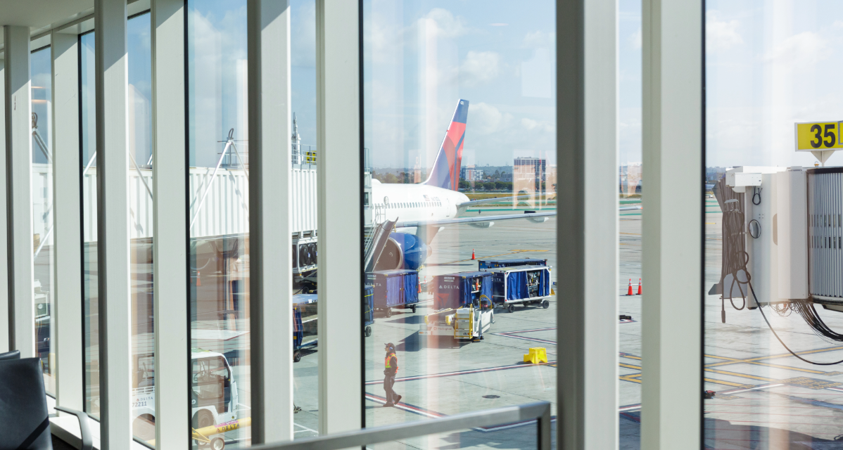 A Delta airplane outside the Delta Sky Way terminal at Los Angeles International Airport (LAX).