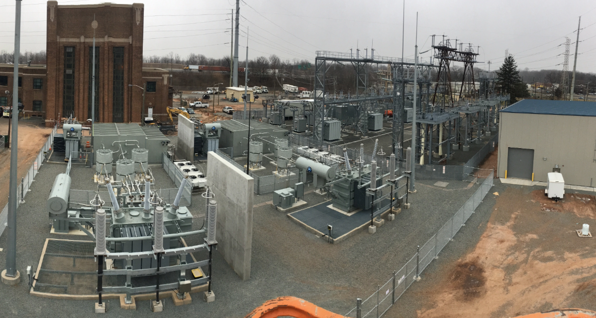 Panoramic view of an electrical substation.
