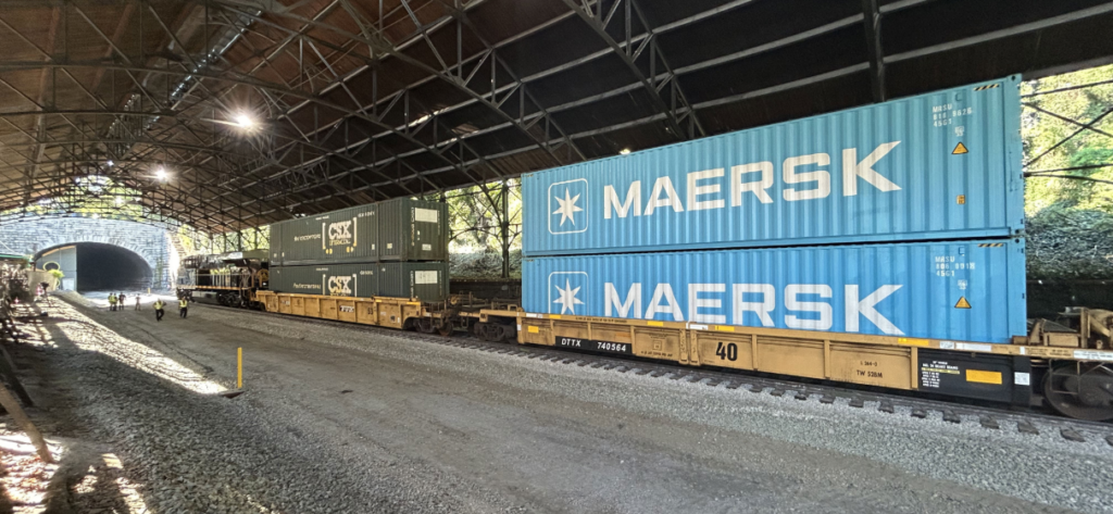 Freight rail cars near the Howard Street Tunnel in Baltimore