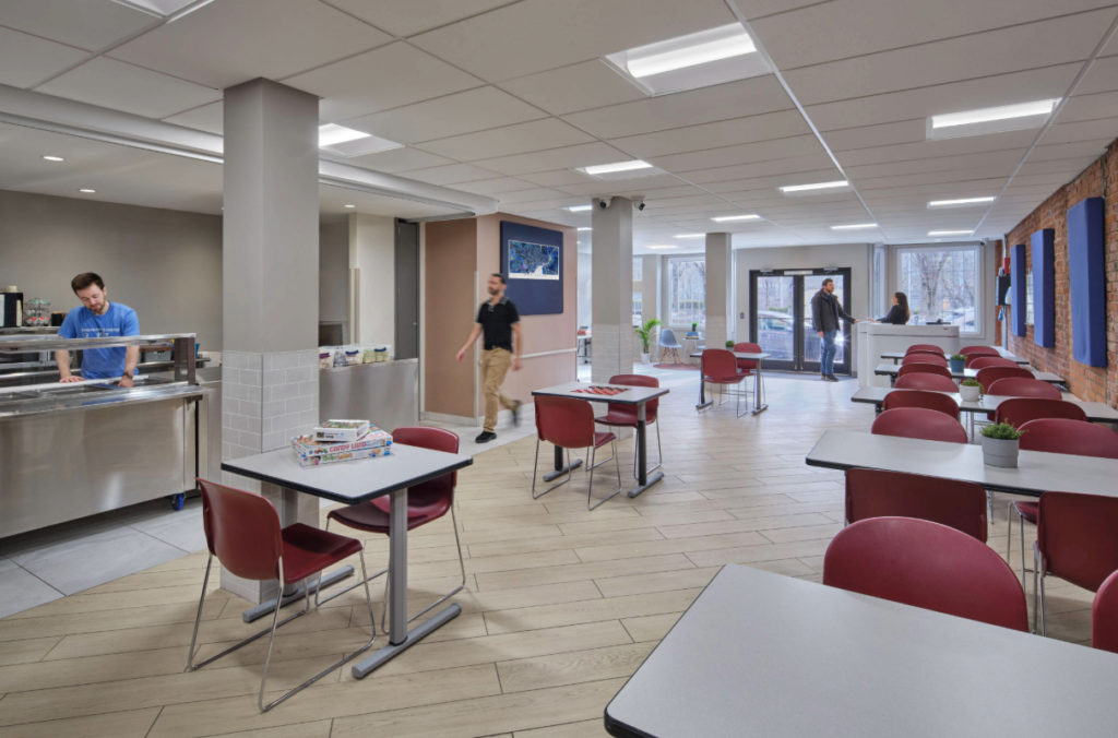 Interior view of cafeteria area at DESK headquarters in New Haven.