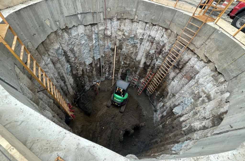 Excavation site of special deep drop manhole for East Side Coastal Resiliency project in New York.