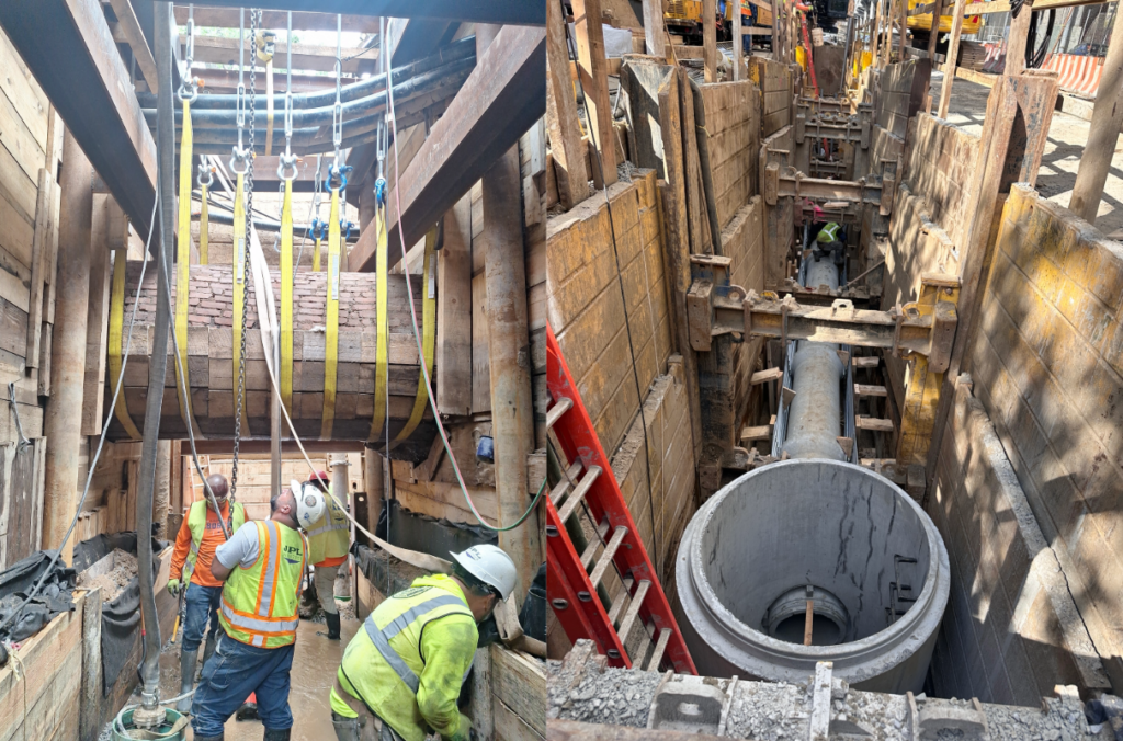 (Photo on left) Construction crews work on sewer installation for East Side Coastal Resiliency Project in New York. (Right photo) Sewer installation under construction for same project.
