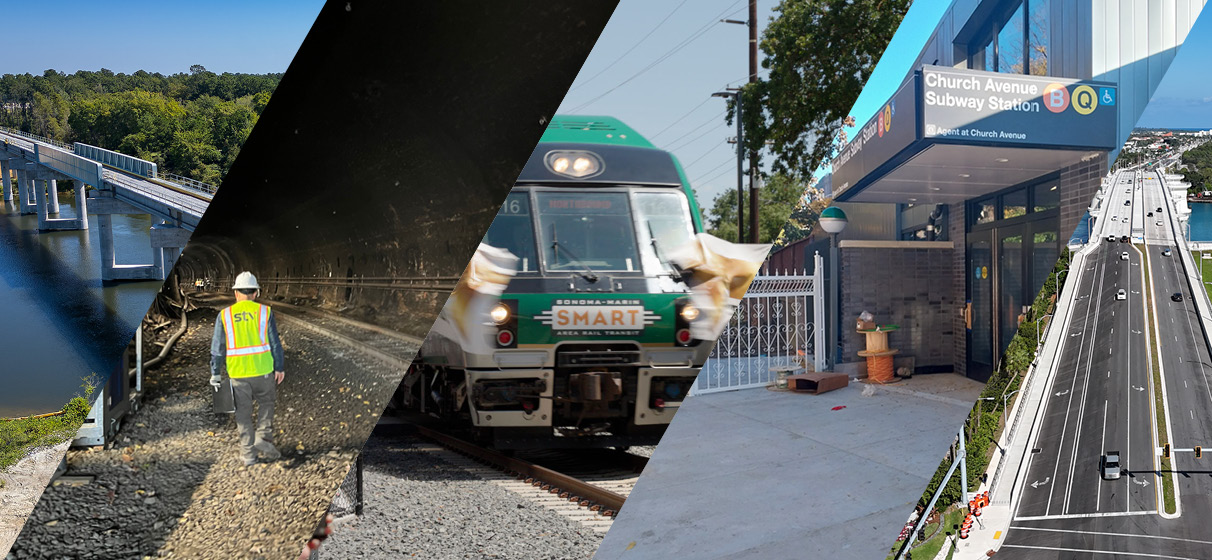 Collage graphic showing project images including bridge from Camp Hall rail corridor, interior tunnel with a construction worker for Howard Street tunnel, front of a SMART train, front entrance to Church Avenue Subway Station, and aerial view of Jupiter Bascule Bridge.